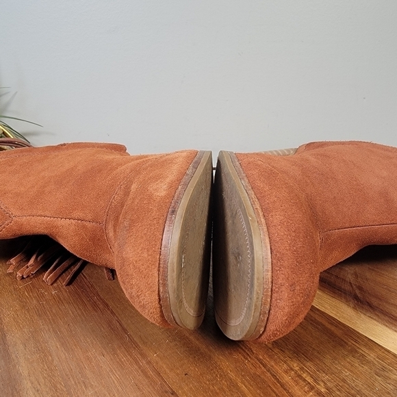 Toms Lunata Brown Cognac Rust suede fringe heel Booties boho western Size 8.5 - Picture 10 of 16